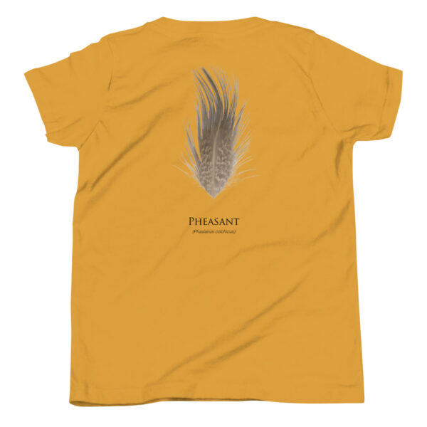 youth-staple-tee-mustard-back-69a6e9c315552.jpg Yellow shirt with pheasant feather design.