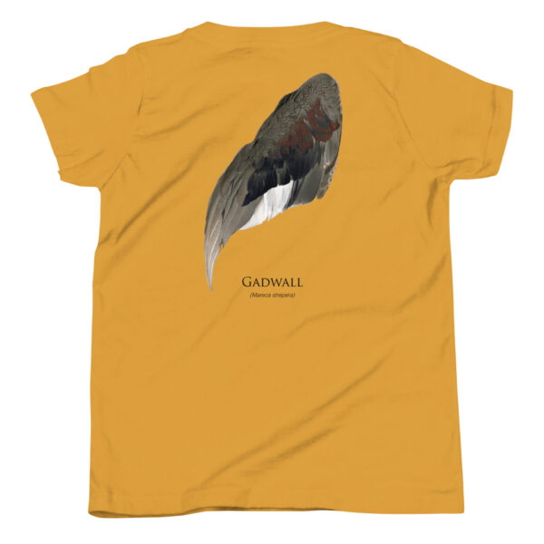 youth-staple-tee-mustard-back-69a6eb0454683.jpg Yellow shirt with Gadwall duck wing illustration.