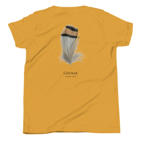 youth-staple-tee-mustard-back-69a6ebb1982bc.jpg Yellow shirt with Chukar feather design