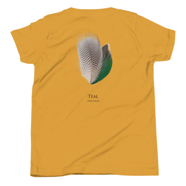 youth-staple-tee-mustard-back-69a6ed038f8ab.jpg Yellow t-shirt with teal feather design