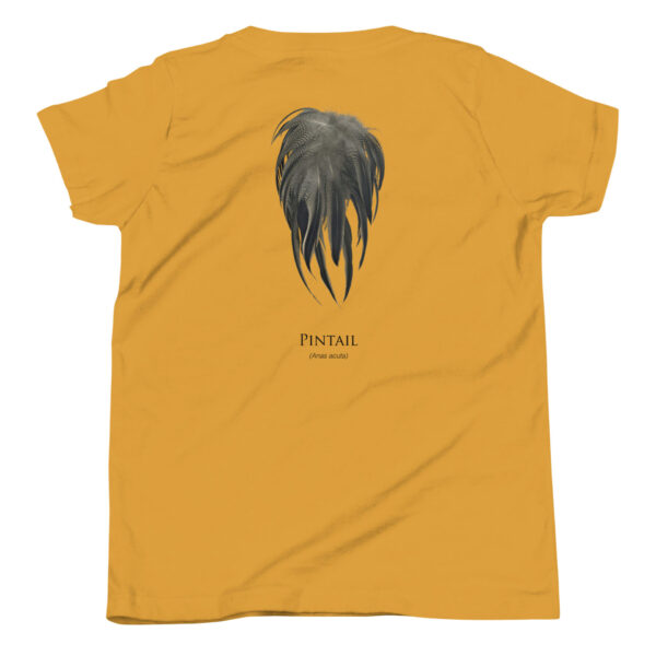youth-staple-tee-mustard-back-69a6ee82036ad.jpg Yellow t-shirt with feather print, Pintail design.