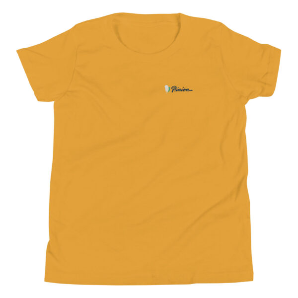 youth-staple-tee-mustard-front-69a6e90bcd888.jpg Yellow t-shirt with embroidered logo design.