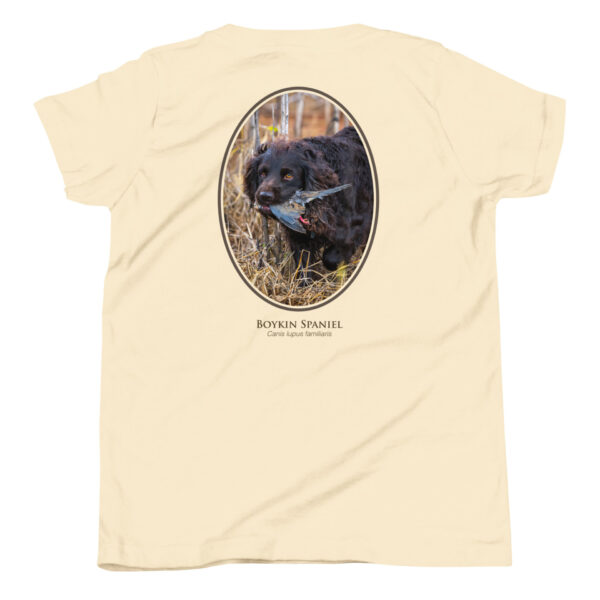 youth-staple-tee-natural-back-69a6e10fe3d4b.jpg Boykin Spaniel carrying bird image on shirt back