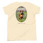 Golden Retriever with bird on beige shirt.