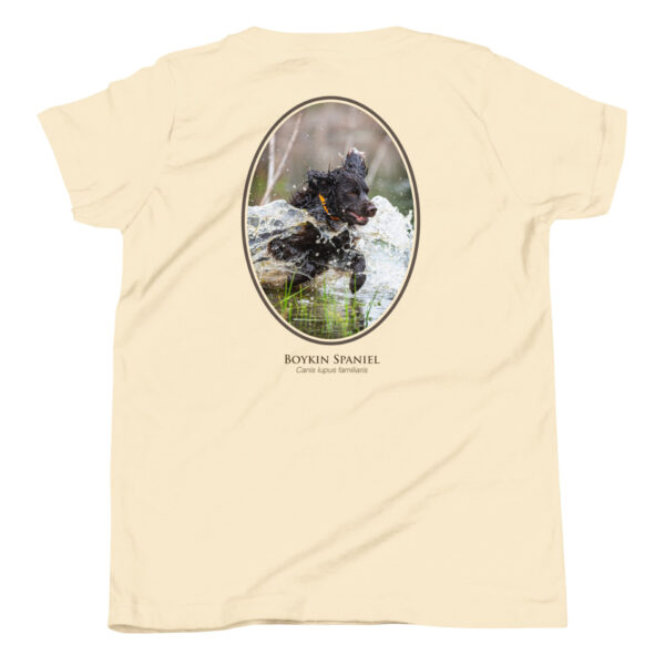 youth-staple-tee-natural-back-69a6e26fa0c19.jpg T-shirt with Boykin Spaniel jumping in water design.