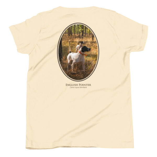 youth-staple-tee-natural-back-69a6e3e7b939f.jpg T-shirt with English Pointer dog and forest design.