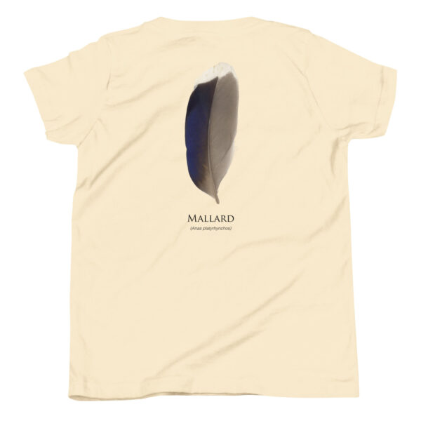 youth-staple-tee-natural-back-69a6e90bcebf8.jpg Beige shirt with mallard feather illustration.