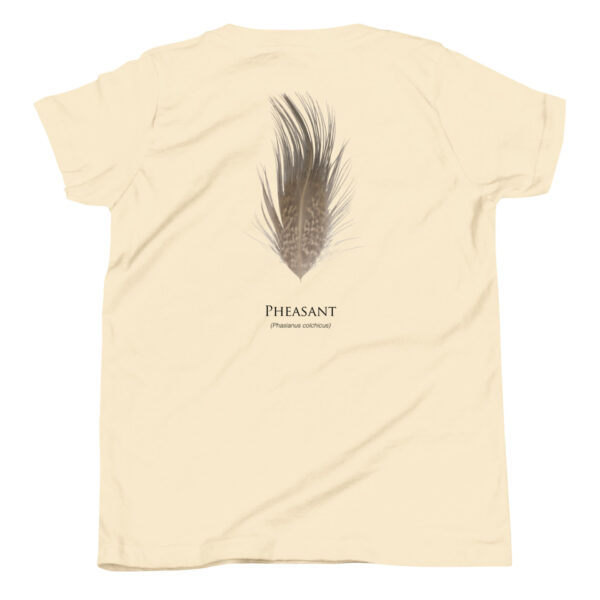 youth-staple-tee-natural-back-69a6e9c31572e.jpg T-shirt with pheasant feather design and text.