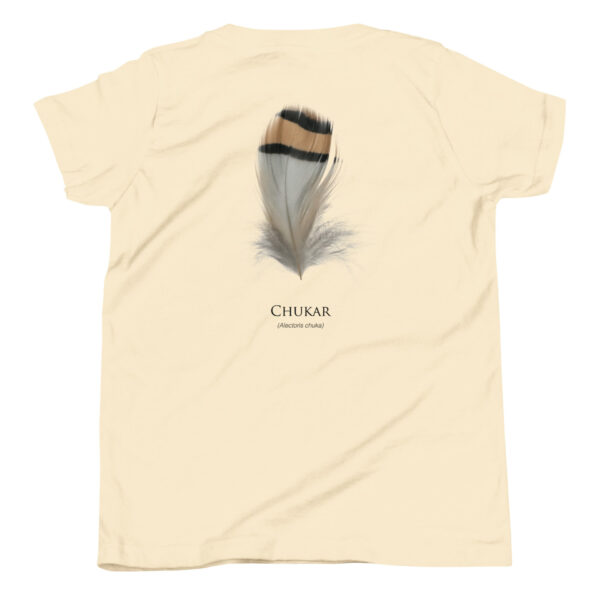 youth-staple-tee-natural-back-69a6ebb198487.jpg Chukar feather design on beige T-shirt back.