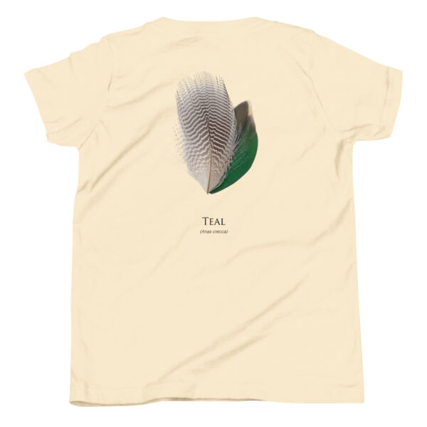 youth-staple-tee-natural-back-69a6ed038fa62.jpg T-shirt with teal duck feather design