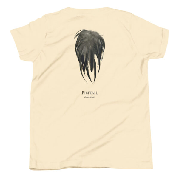 youth-staple-tee-natural-back-69a6ee8203860.jpg Beige t-shirt with pintail feather design.