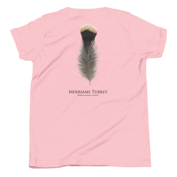 youth-staple-tee-pink-back-69a6dc4b670b3.jpg Pink T-shirt with Merriam's Turkey feather print