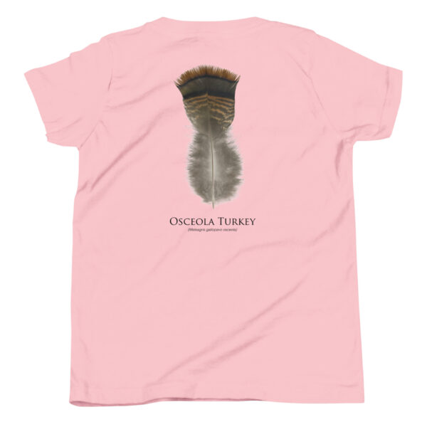 youth-staple-tee-pink-back-69a6ddb0602c7.jpg Pink t-shirt with Osceola Turkey feather design.
