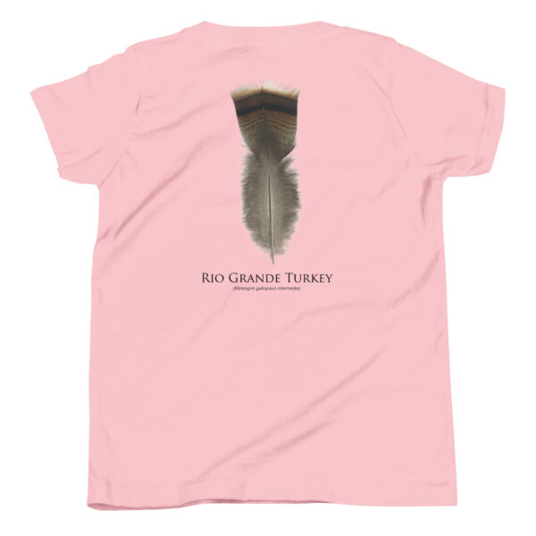youth-staple-tee-pink-back-69a6de98875a5.jpg Pink shirt with Rio Grande Turkey feather design.