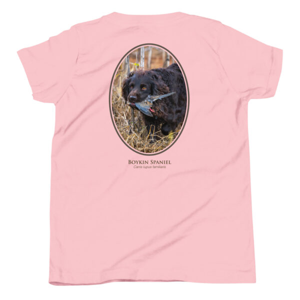 youth-staple-tee-pink-back-69a6e10fe3bf0.jpg Pink shirt with Boykin Spaniel design.