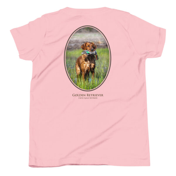 youth-staple-tee-pink-back-69a6e1bcbcd74.jpg Pink shirt with Golden Retriever design