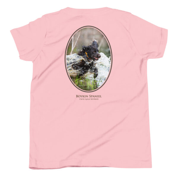 youth-staple-tee-pink-back-69a6e26fa0999.jpg Boykin Spaniel t-shirt with dog in water