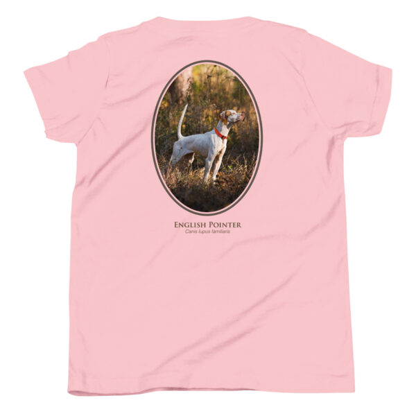 youth-staple-tee-pink-back-69a6e47f19b2a.jpg Pink shirt with English Pointer image.