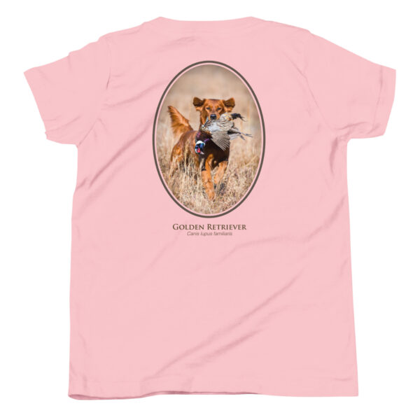 youth-staple-tee-pink-back-69a6e52c16fc0.jpg Pink shirt with Golden Retriever image