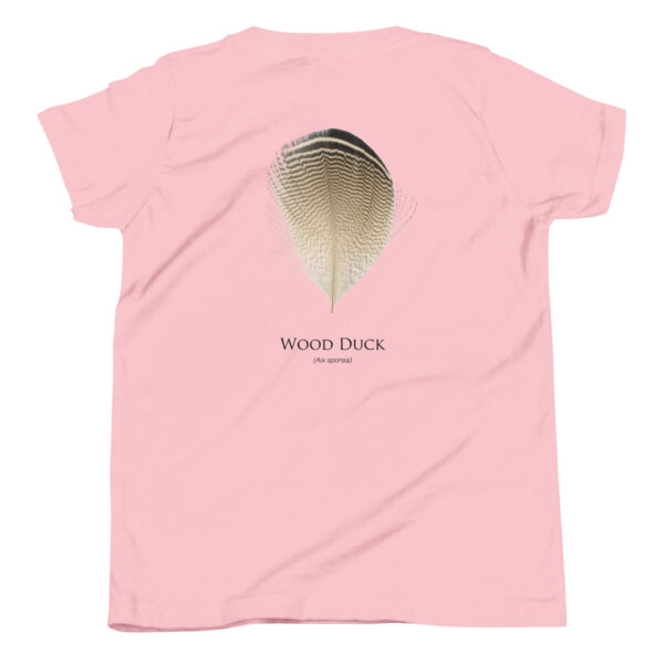 youth-staple-tee-pink-back-69a6e77a1bcb2.jpg Pink shirt featuring a wood duck feather design.