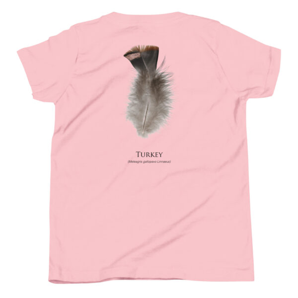 youth-staple-tee-pink-back-69a6e84d8a395.jpg Pink t-shirt with turkey feather illustration.