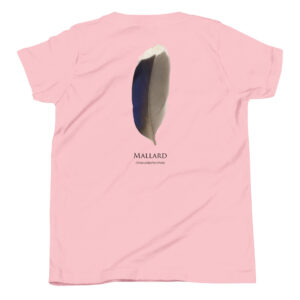 Pink t-shirt with mallard feather illustration.