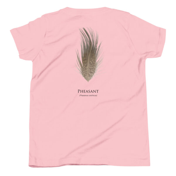 youth-staple-tee-pink-back-69a6e9c3155c7.jpg Pink T-shirt with pheasant feather design.