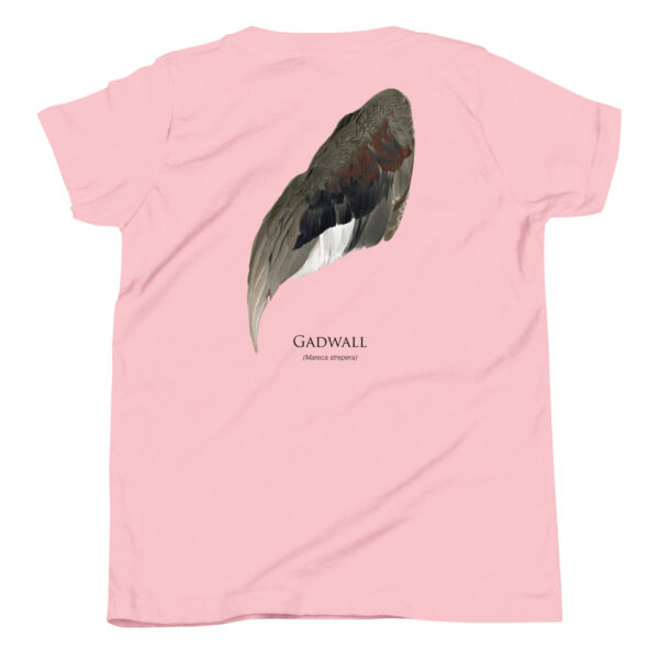 youth-staple-tee-pink-back-69a6eb04546f5.jpg Pink shirt with gadwall wing design.