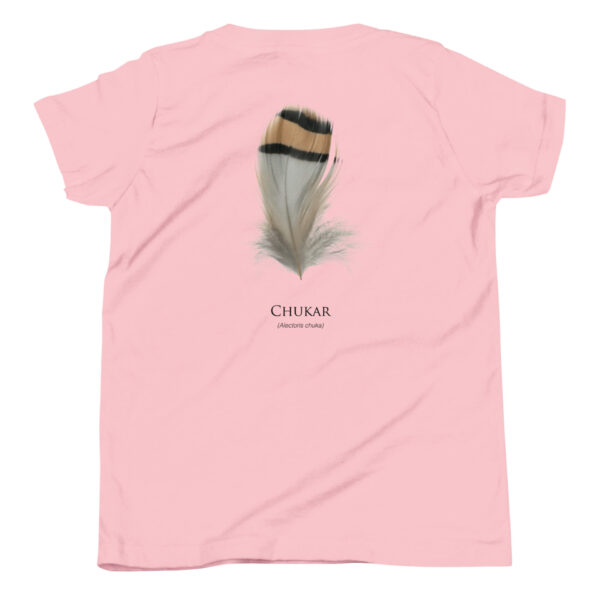 youth-staple-tee-pink-back-69a6ebb19832f.jpg Pink shirt with Chukar feather design.