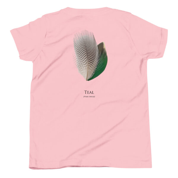 youth-staple-tee-pink-back-69a6ed038f919.jpg Pink t-shirt with teal feather illustration