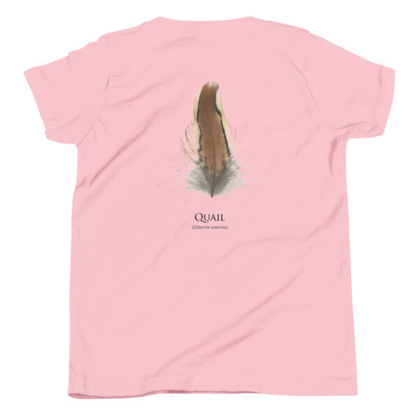 youth-staple-tee-pink-back-69a6ed9fbc778.jpg Pink shirt with quail feather design.