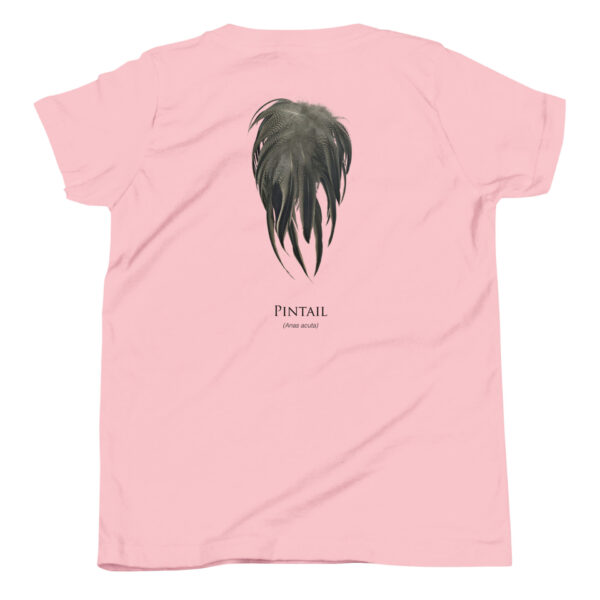 youth-staple-tee-pink-back-69a6ee820371a.jpg Pink shirt with pintail feather illustration
