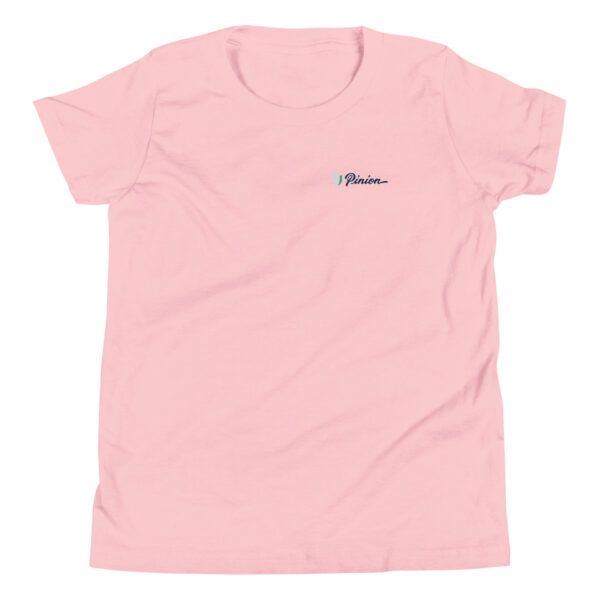 youth-staple-tee-pink-front-69a6e90bcd8fd.jpg Pink T-shirt with small logo on chest