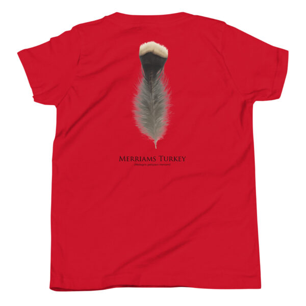 youth-staple-tee-red-back-69a6dc4b67197.jpg Red t-shirt with Merriam's Turkey feather design.