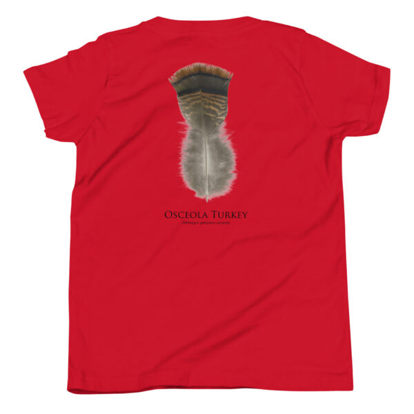youth-staple-tee-red-back-69a6ddb060336.jpg Red shirt with Osceola turkey feather design.