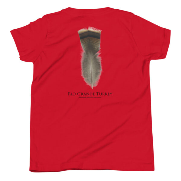 youth-staple-tee-red-back-69a6de9887614.jpg Red shirt with Rio Grande Turkey feather design.