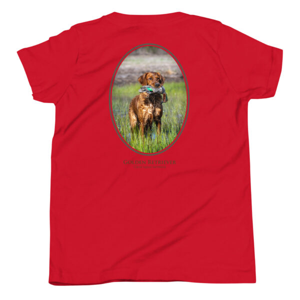 youth-staple-tee-red-back-69a6e1bcbcde4.jpg Red t-shirt featuring Golden Retriever with a bird.