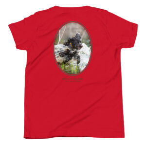 Red shirt with dog jumping in water design.