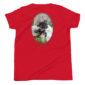 Red shirt with dog jumping in water design.
