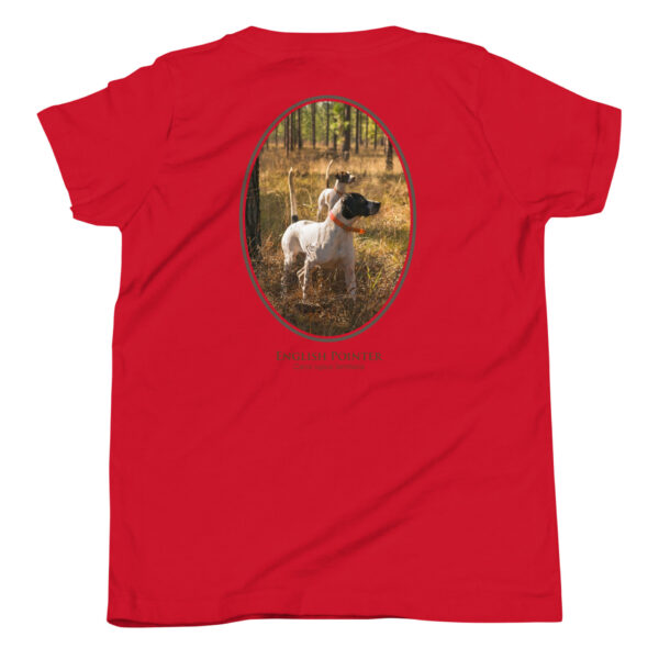 youth-staple-tee-red-back-69a6e3e7b9212.jpg Red shirt with English Pointer design
