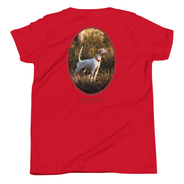 youth-staple-tee-red-back-69a6e47f19b99.jpg Red shirt with English Pointer dog design.