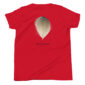 Red shirt with wood duck feather design.