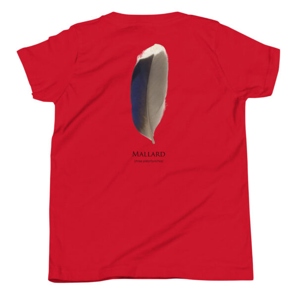 youth-staple-tee-red-back-69a6e90bceb25.jpg Red T-shirt with mallard duck feather design.