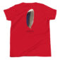 Red T-shirt with mallard duck feather design.