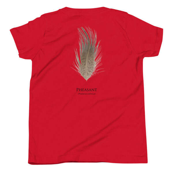youth-staple-tee-red-back-69a6e9c315634.jpg Red shirt with pheasant feather design