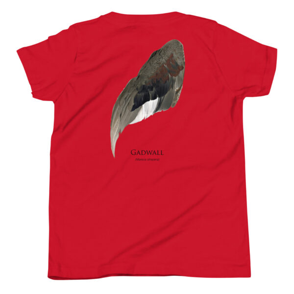 youth-staple-tee-red-back-69a6eb0454776.jpg Red t-shirt with gadwall feather design and text.