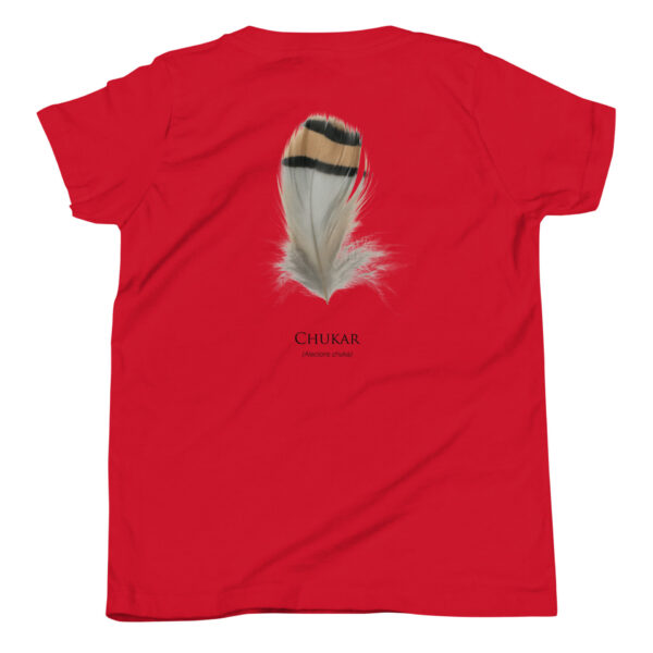 youth-staple-tee-red-back-69a6ebb1983a4.jpg Red shirt with Chukar feather design