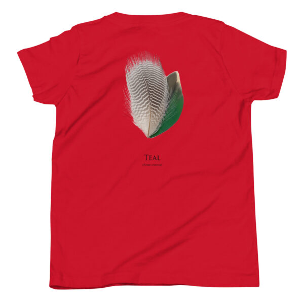 youth-staple-tee-red-back-69a6ed038f988.jpg Red shirt with teal duck feather print
