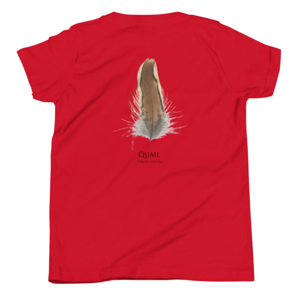 youth-staple-tee-red-back-69a6ed9fbc7e7.jpg Red shirt with quail feather design.