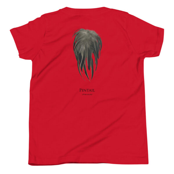 youth-staple-tee-red-back-69a6ee820378c.jpg Red t-shirt with pintail feather design.